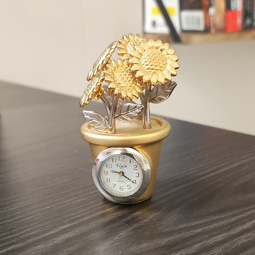 Elgin Miniature Gold and Silver Sunflower Clock Decor